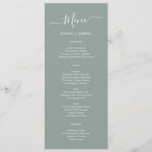 Minimalist Typography Sage Green Wedding Menu Card (Front)
