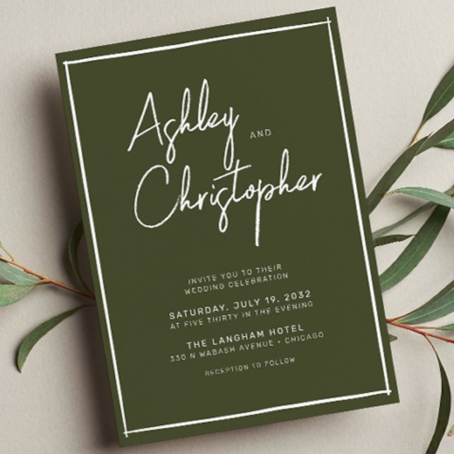 Minimalist Typography Script Dark Olive Wedding Invitation (Creator Uploaded)