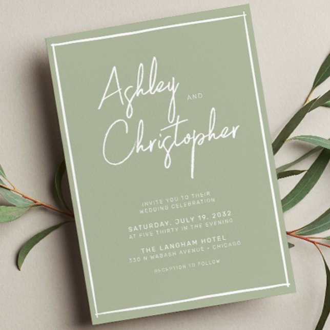 Minimalist Typography Script Sage Green Wedding Invitation (Creator Uploaded)