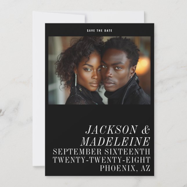 Minimalist Typography Solid Black Photo Wedding Save The Date (Front)