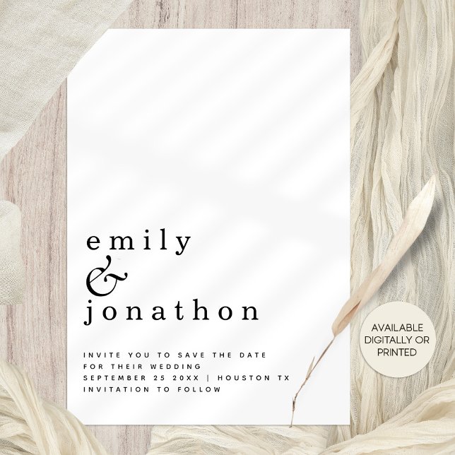 Minimalist Typography Wedding Black White Wedding Save The Date (Fully customiseable invitation part of a wide ranging suite! Available digitally or printed.)