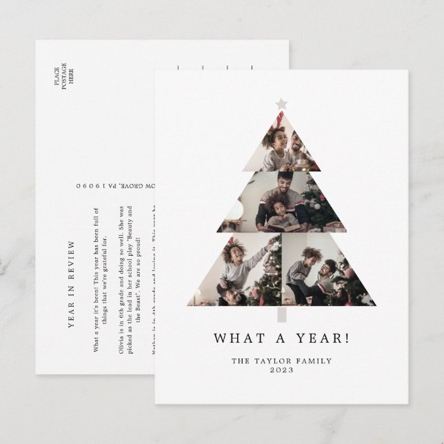Minimalist Typography What A Year Christmas Tree Holiday Postcard (Front/Back)