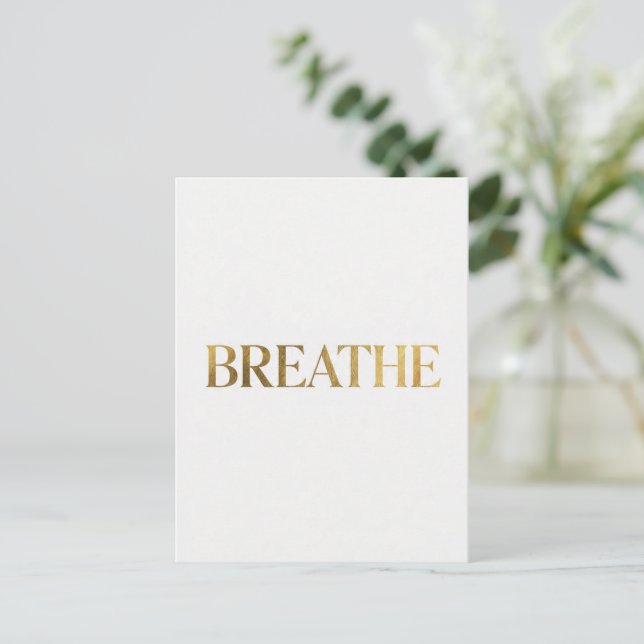 Minimalist typography with gold word breathe postcard (Standing Front)