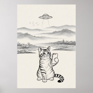 Minimalist UFO Cat Black and White Cat Poster