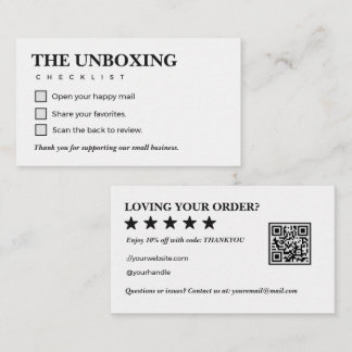 Minimalist Unboxing Checklist Thank You QR Code Business Card