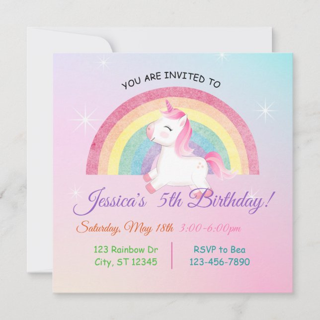 Minimalist Unicorn Rainbow Glitter birthday Invitation (Front)