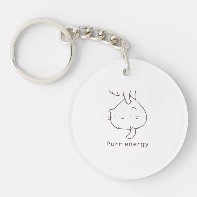 Minimalist Upside-Down Cat "Purr Energy" Graphic D Key Ring (Front)
