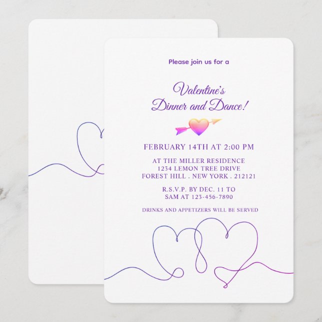 Minimalist Valentine's Day Purple Heart Invitation (Front/Back)