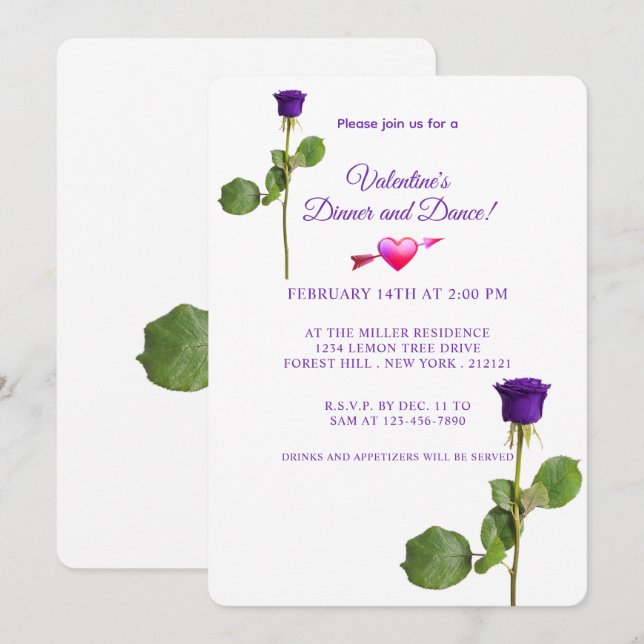 Minimalist Valentine's Day Purple Rose Invitation (Front/Back)
