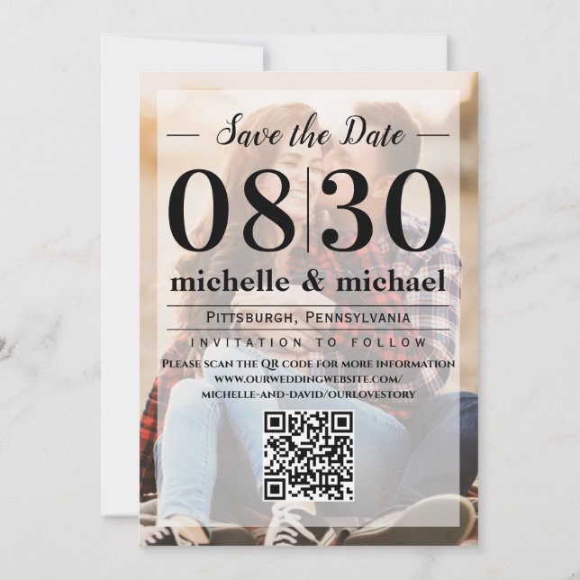Minimalist Vellum Simple Photo  | QR Code Website Save The Date (Back)
