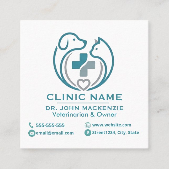Minimalist Veterinary Clinic Customisable Square Business Card (Front)