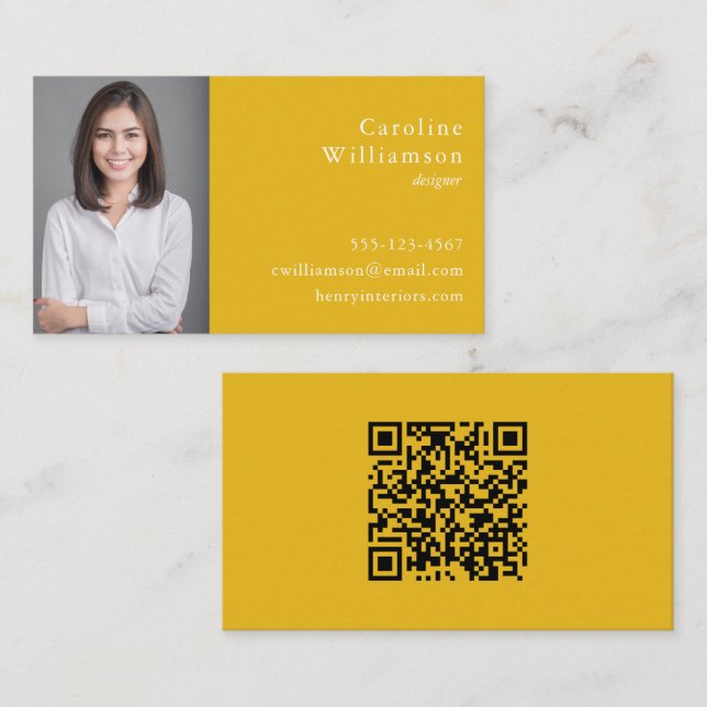 Minimalist Vibrant Yellow Professional Photo QR  Business Card (Front/Back)