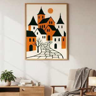 Minimalist village with cobblestone street and sun poster