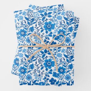 Minimalist vintage Blue White Flower chinoiserie Wrapping Paper Sheet