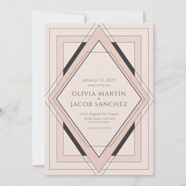 Minimalist Vintage Deco Blush Black Invitation (Front)