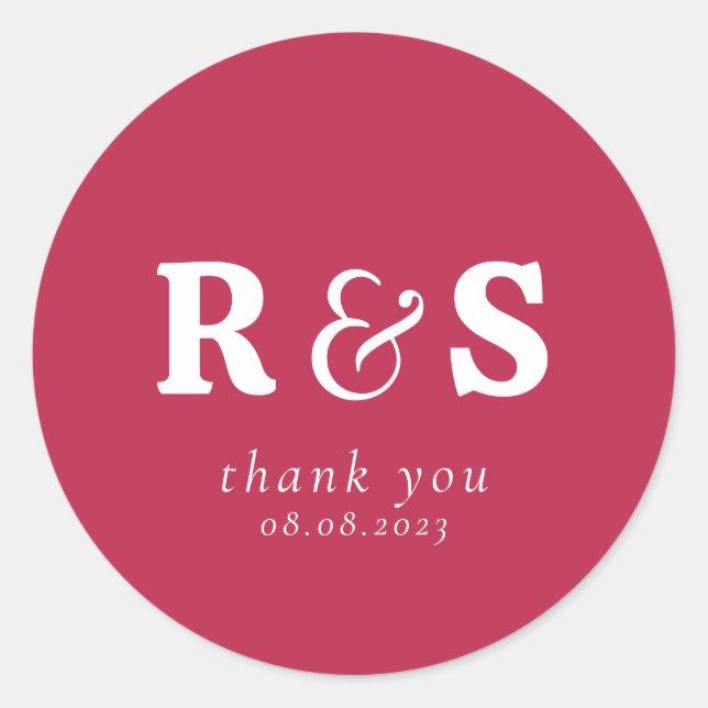 Minimalist Warm Magenta Wedding Initials Monogram Classic Round Sticker (Front)