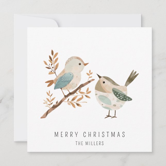 Minimalist Watercolor Birds Merry Christmas Holiday Card (Front)