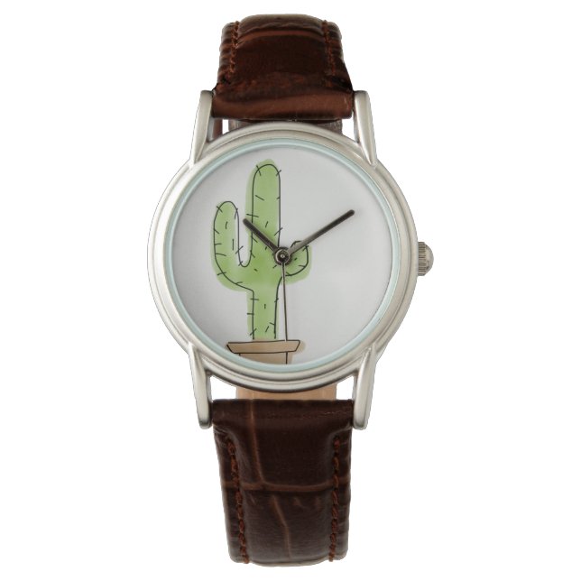 Minimalist Watercolor Cactus Watch without Numbers (Front)