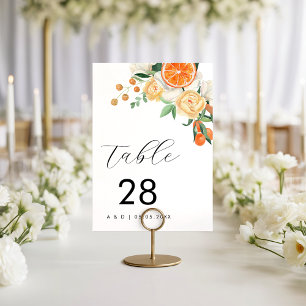Minimalist Watercolor Citrus Floral Wedding Table Number