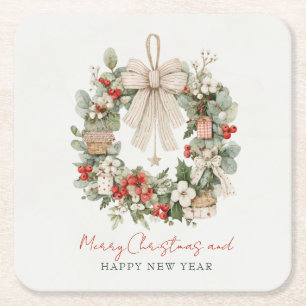 Minimalist Watercolor Cozy Christmas Wreath Square Paper Coaster