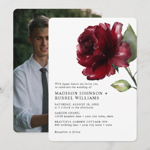 Minimalist Watercolor Deep Red Rose Photo Wedding  Invitation