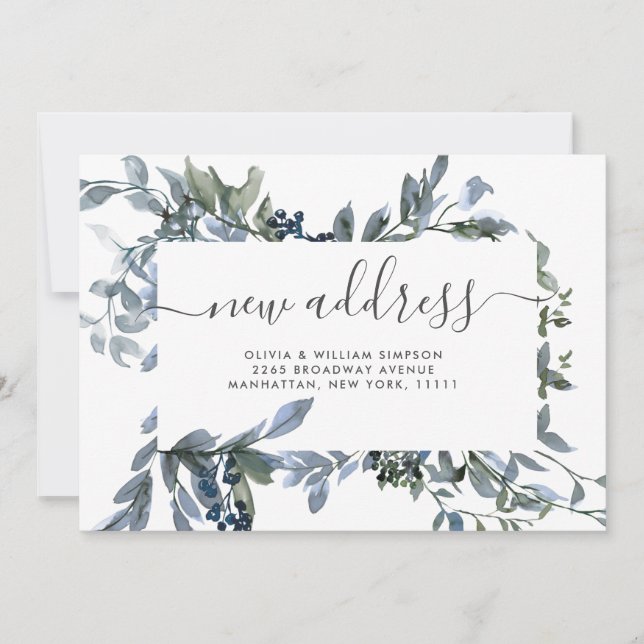 Minimalist Watercolor Dusty Blue Eucalyptus Moving Announcement (Front)