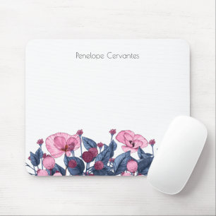 Minimalist Watercolor Dusty Blue Pink Wild Flowers Mouse Mat