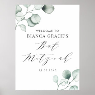 Minimalist Watercolor Eucalyptus Bat Mitzvah Poster