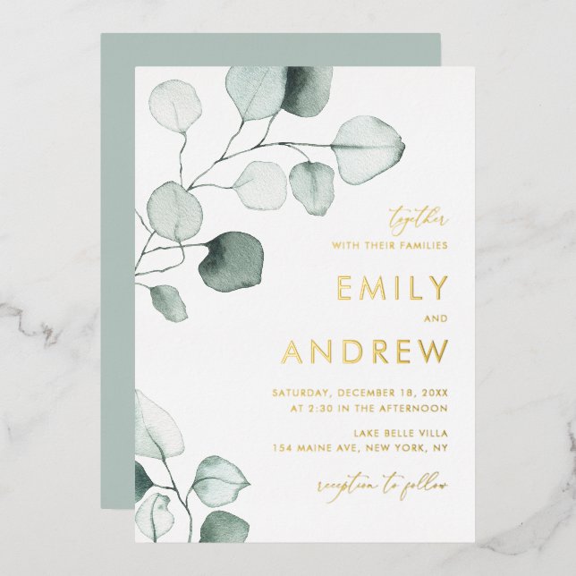 Minimalist Watercolor Eucalyptus Leaves Wedding (Front/Back)