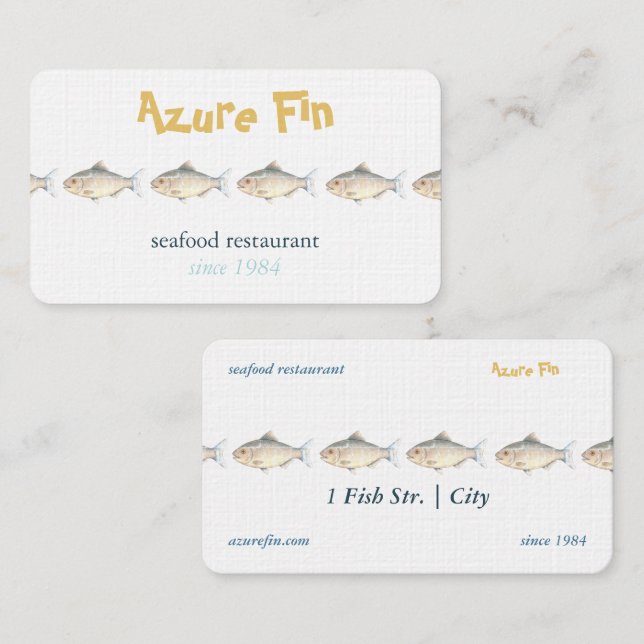 Minimalist Watercolor Fish Seafood Restaurant Business Card (Front/Back)