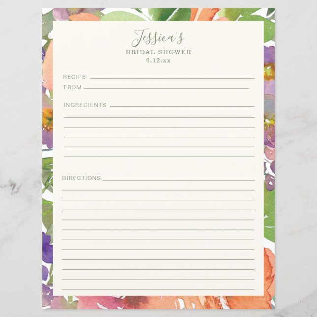 Minimalist Watercolor Floral Bridal Shower Recipes (Front)