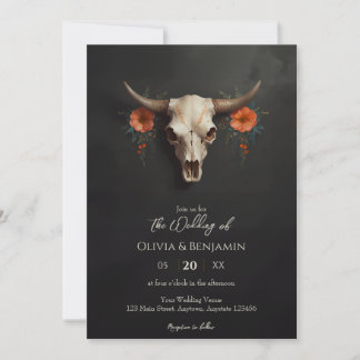 Minimalist Watercolor Floral Cow Skull Wedding Invitation