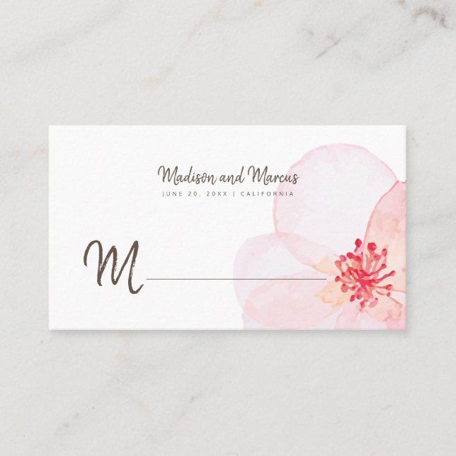 Minimalist + Watercolor Floral Wedding Place Card (Front)