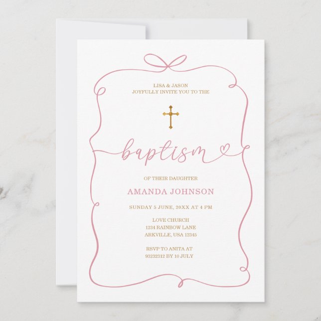 Minimalist Watercolor Girl Christening Baptism Invitation (Front)