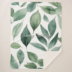 Minimalist Watercolor Green Leaves Sherpa Blanket