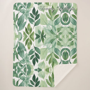 Minimalist Watercolor Green Leaves Sherpa Blanket