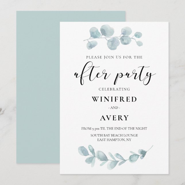 Minimalist watercolor greenery after party invitation (Front/Back)