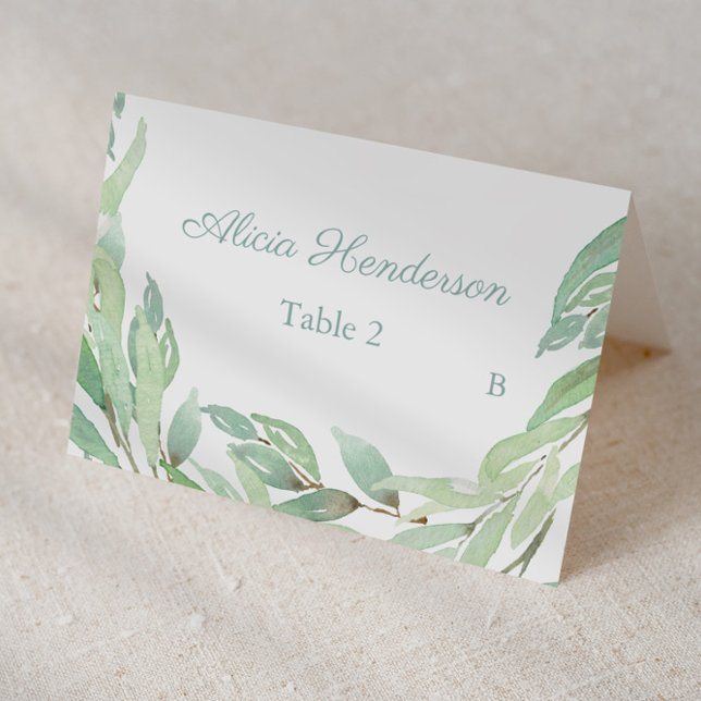 Minimalist Watercolor Greenery Baptism Place Card (Individual place cards for wedding, baptism etc featuring pale green watercolor greenery border)