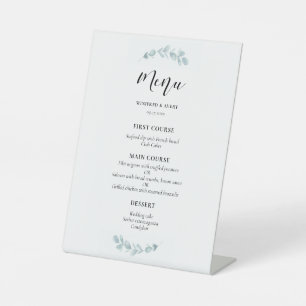 Minimalist watercolor greenery wedding menu pedestal sign
