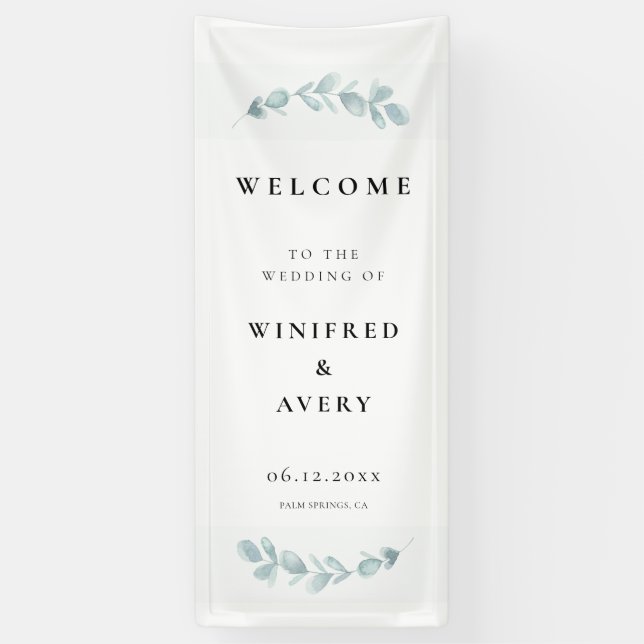 Minimalist Watercolor Greenery Wedding Welcome Banner (Vertical)
