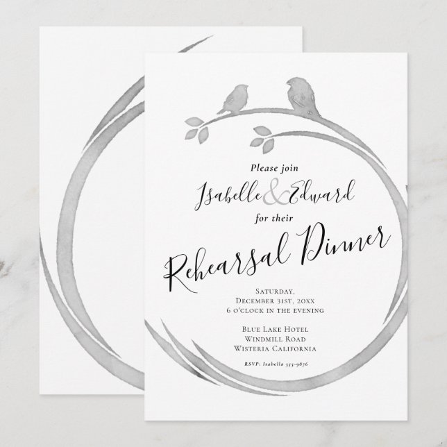 Minimalist  Watercolor Grey Love Birds Rehearsal  Invitation (Front/Back)