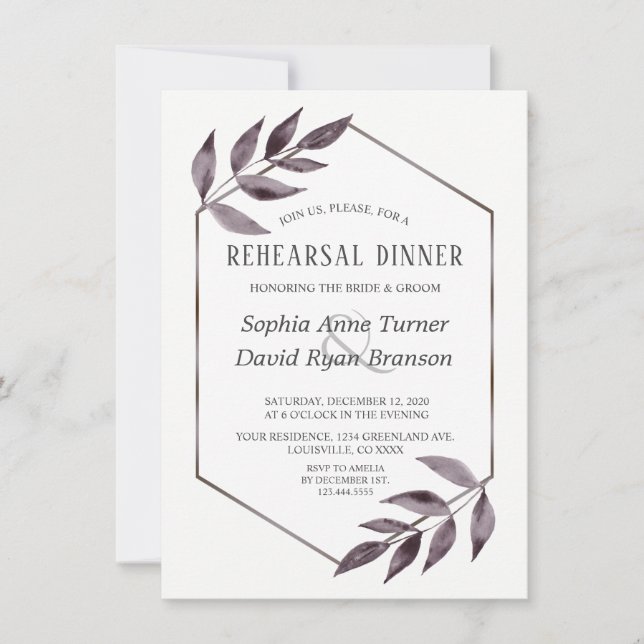 Minimalist Watercolor Ink Foliage Rehearsal Dinner Invitation (Front)