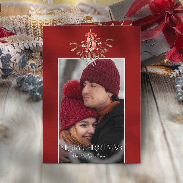 Minimalist Watercolor Mistletoe Christmas Photo Holiday Card (Creator Uploaded)