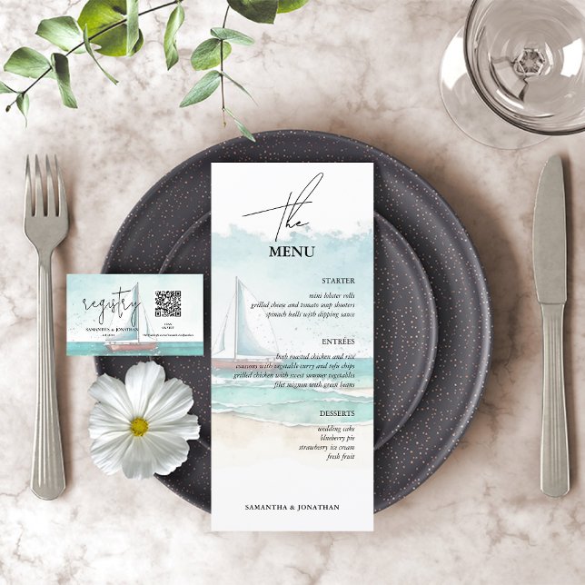 Minimalist watercolor ocean and beach wedding menu (Creator Uploaded)
