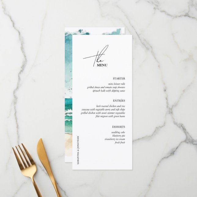 Minimalist watercolor ocean and beach wedding menu (Front/Back In Situ)