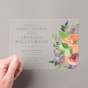 Minimalist Watercolor Orange Floral Bridal Shower Acrylic Invitations