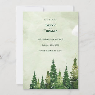 Minimalist Watercolor Pine Forest on Green Wedding Save The Date