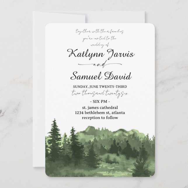 Minimalist Watercolor Pine Tree Mountain Invitation (Front)