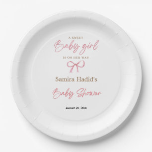 Minimalist Watercolor Pink Bow Girl baby shower Paper Plate