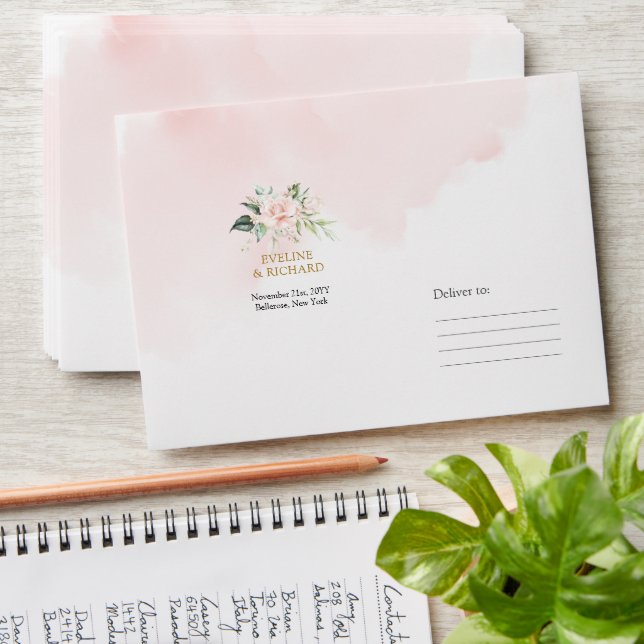 Minimalist watercolor pink roses gold wedding envelope (Stacked)